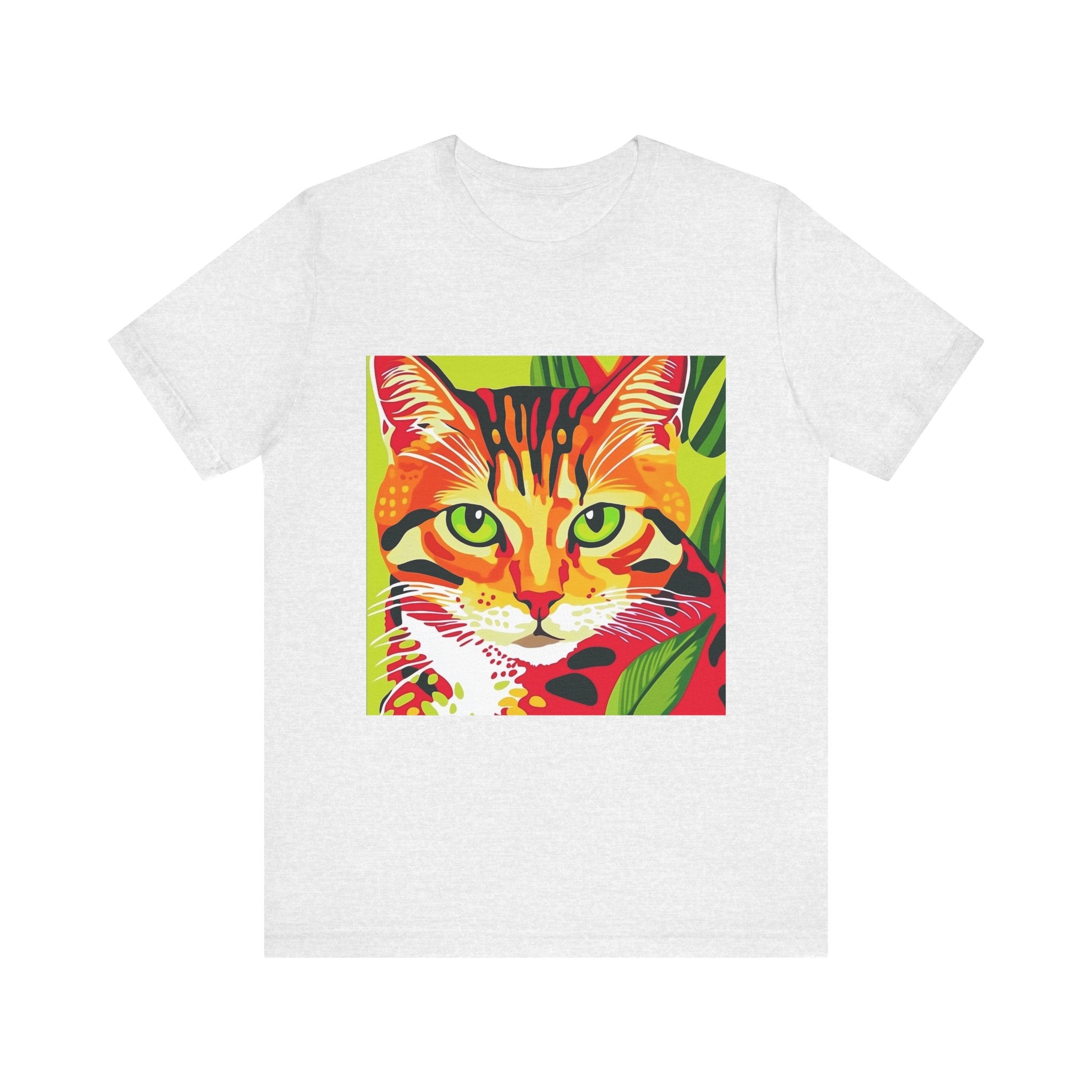 White short sleeve t-shirt with stripe pattern and cat graphic