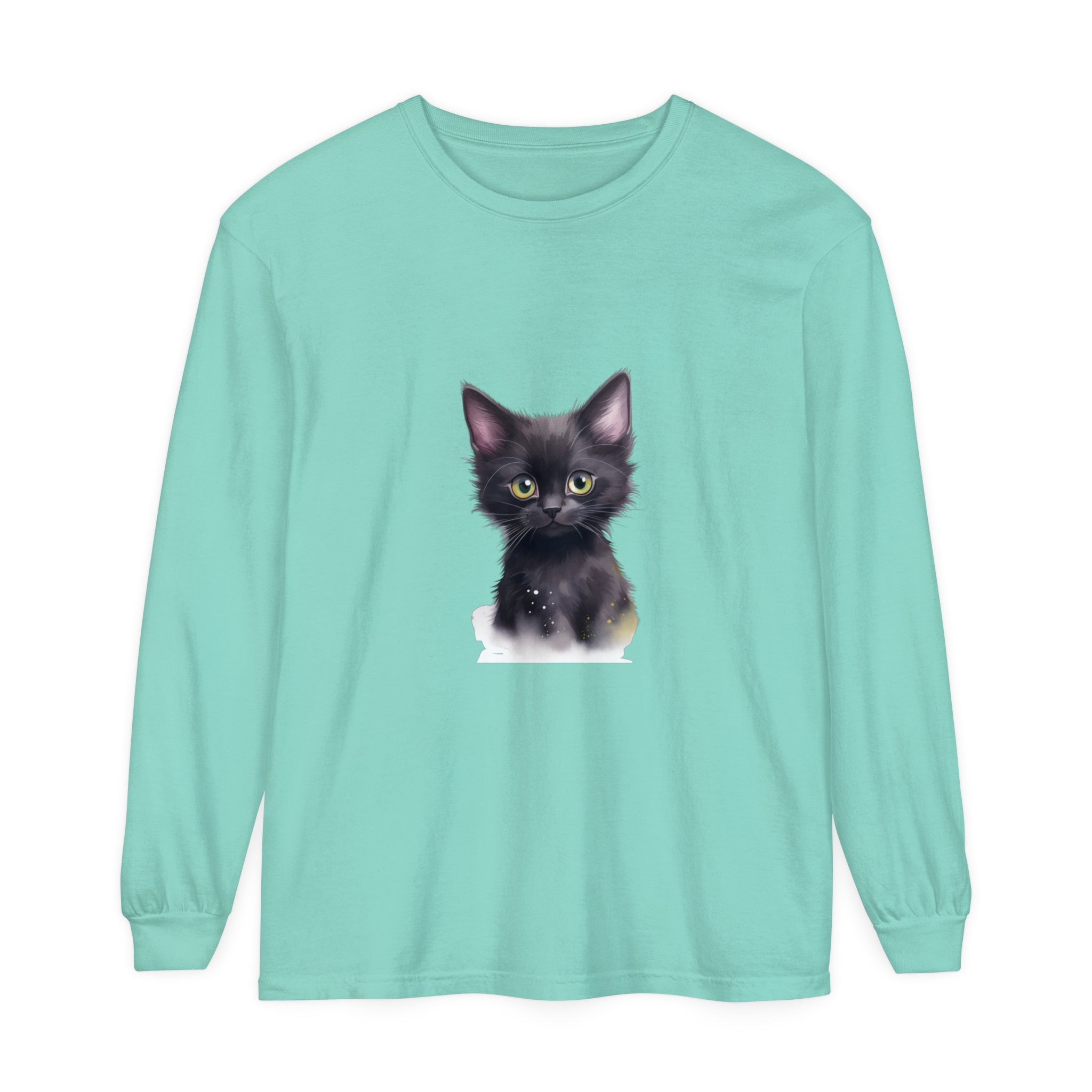 A close-up image of a cute black kitten with bright green eyes, printed on a soft and comfortable t-shirt