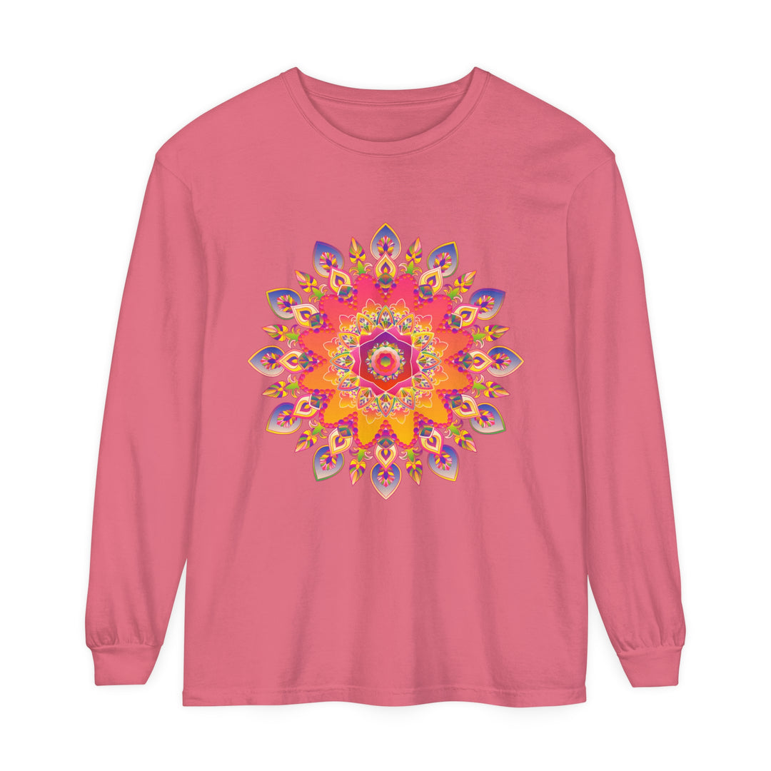 Colorful and intricate mandala design on a unisex long sleeve t-shirt