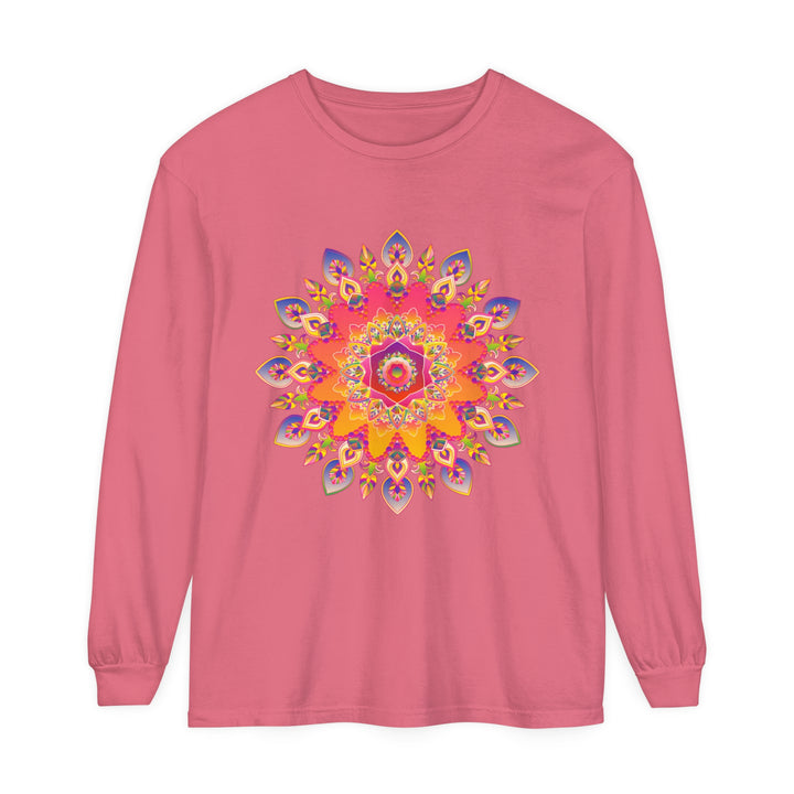 Colorful and intricate mandala design on a unisex long sleeve t-shirt