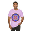 Vibrant and intricate mandala geometric design on a colorful t-shirt