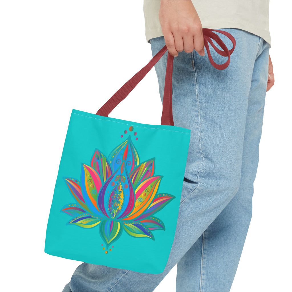 Beautiful azure blue Mandala Lotus Tote Bag with intricate floral design