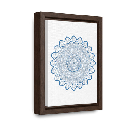 A beautiful handmade steel blue mandala design wall art on gallery canvas wraps in a vertical frame