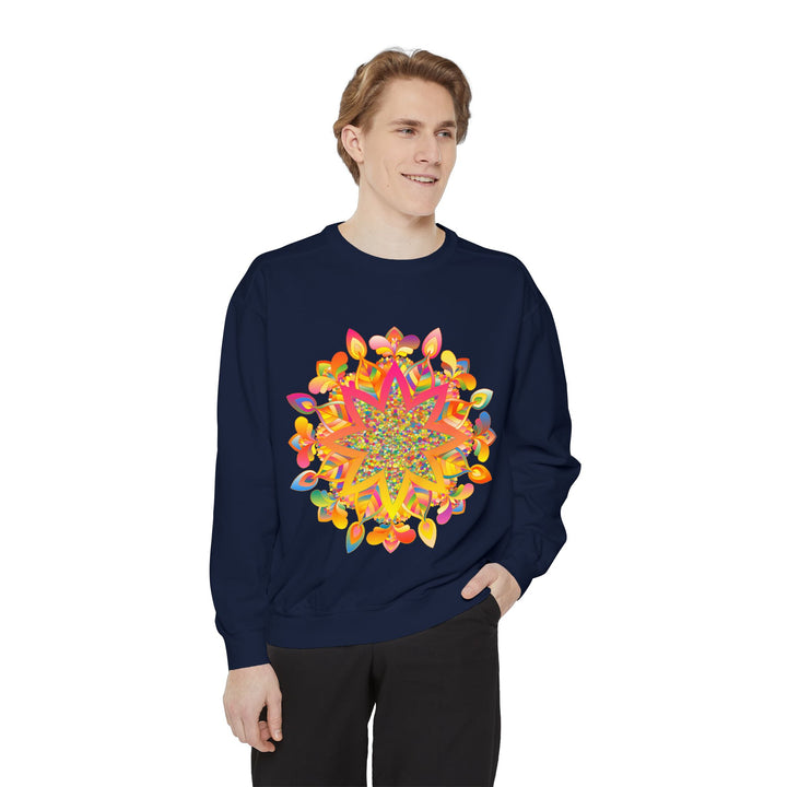 Colorful mandala sweatshirt with intricate design and vibrant patterns for casual wear