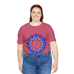 Colorful geometric mandala design printed on a high-quality T-shirt