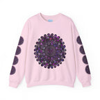Unisex Heavy Blend™ Crewneck Sweatshirt with Purple Mandala Design, a cozy and stylish option for both men and women, featuring a stunning and intricate purple mandala graphic