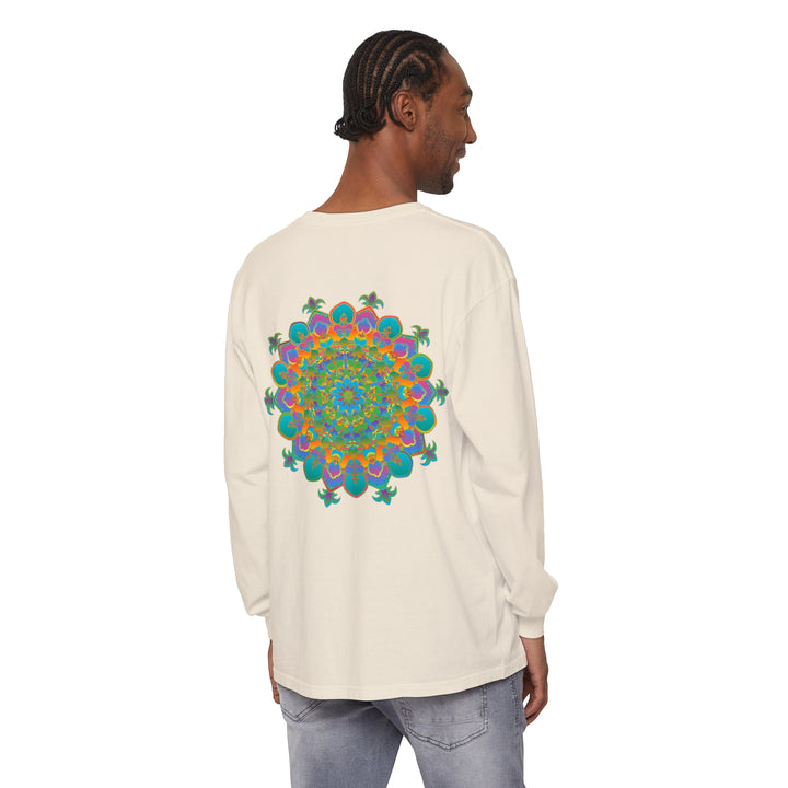 Colorful and intricate mandala design on a unisex long sleeve t-shirt