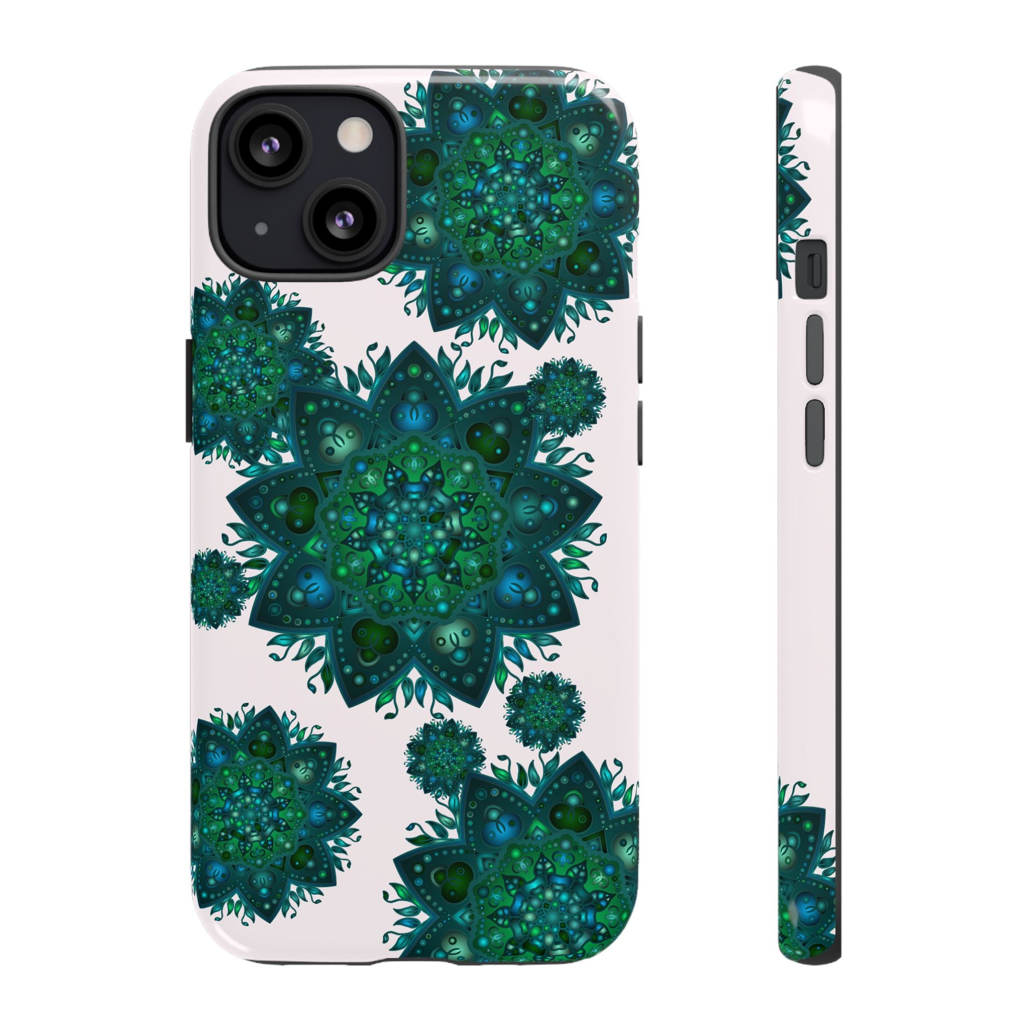 Light pink and green mandala phone case with a peaceful and intricate design