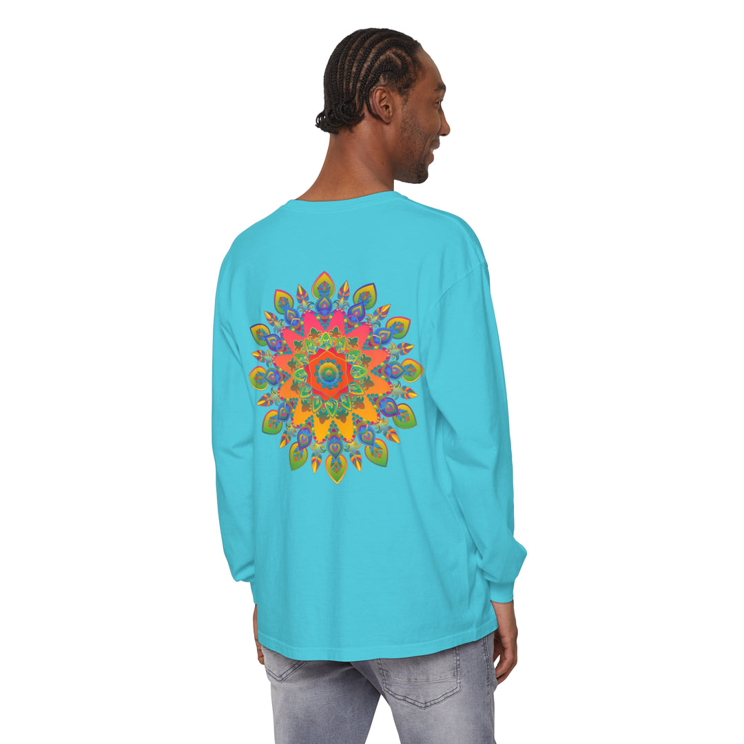 Colorful and intricate mandala design featured on a vibrant unisex long sleeve t-shirt