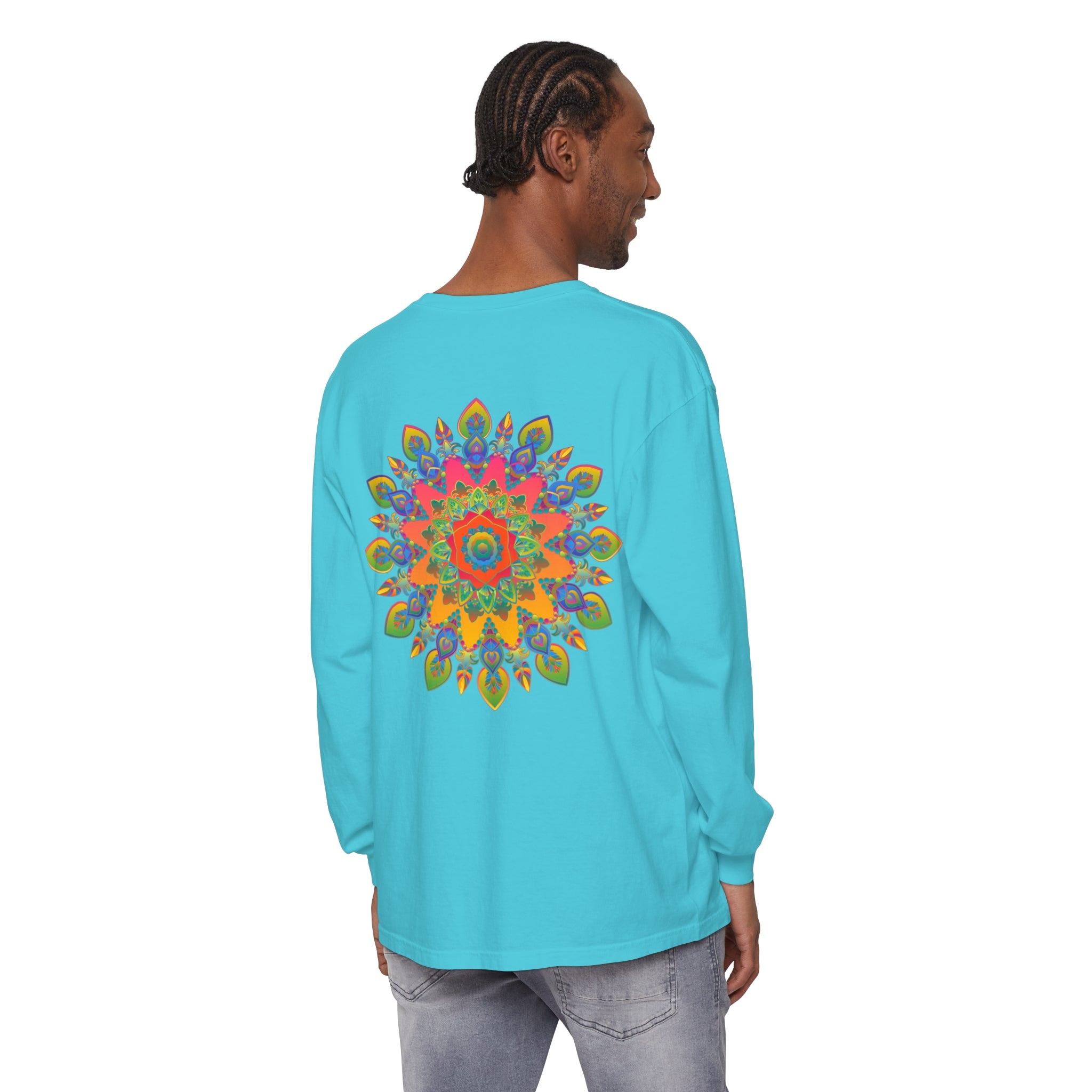 Colorful and intricate mandala design featured on a vibrant unisex long sleeve t-shirt