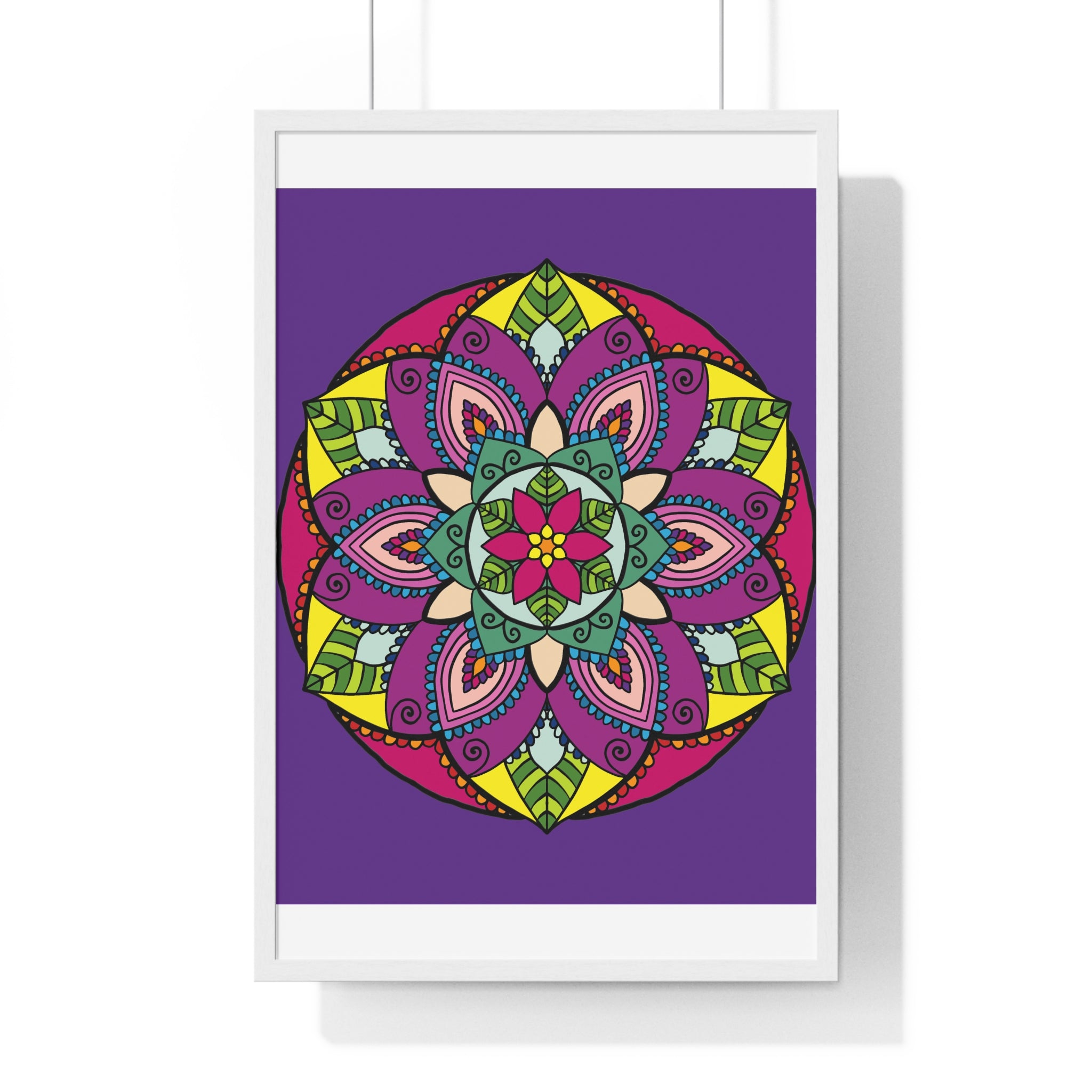 Hand-drawn purple mandala art framed poster for mindfulness and yoga