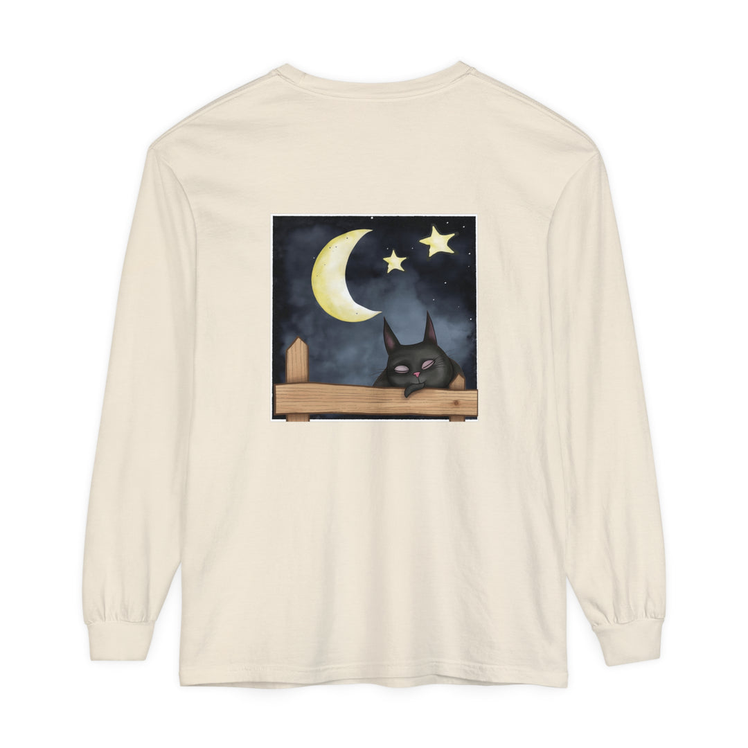 Comfortable black t-shirt with a cute sleepy cat design under the starry night sky