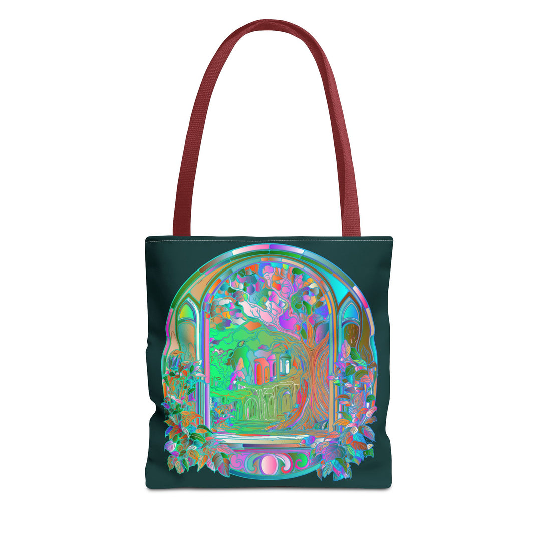 Colorful and intricate Mystical Nature Mandala Tote Bag with vibrant nature-inspired design