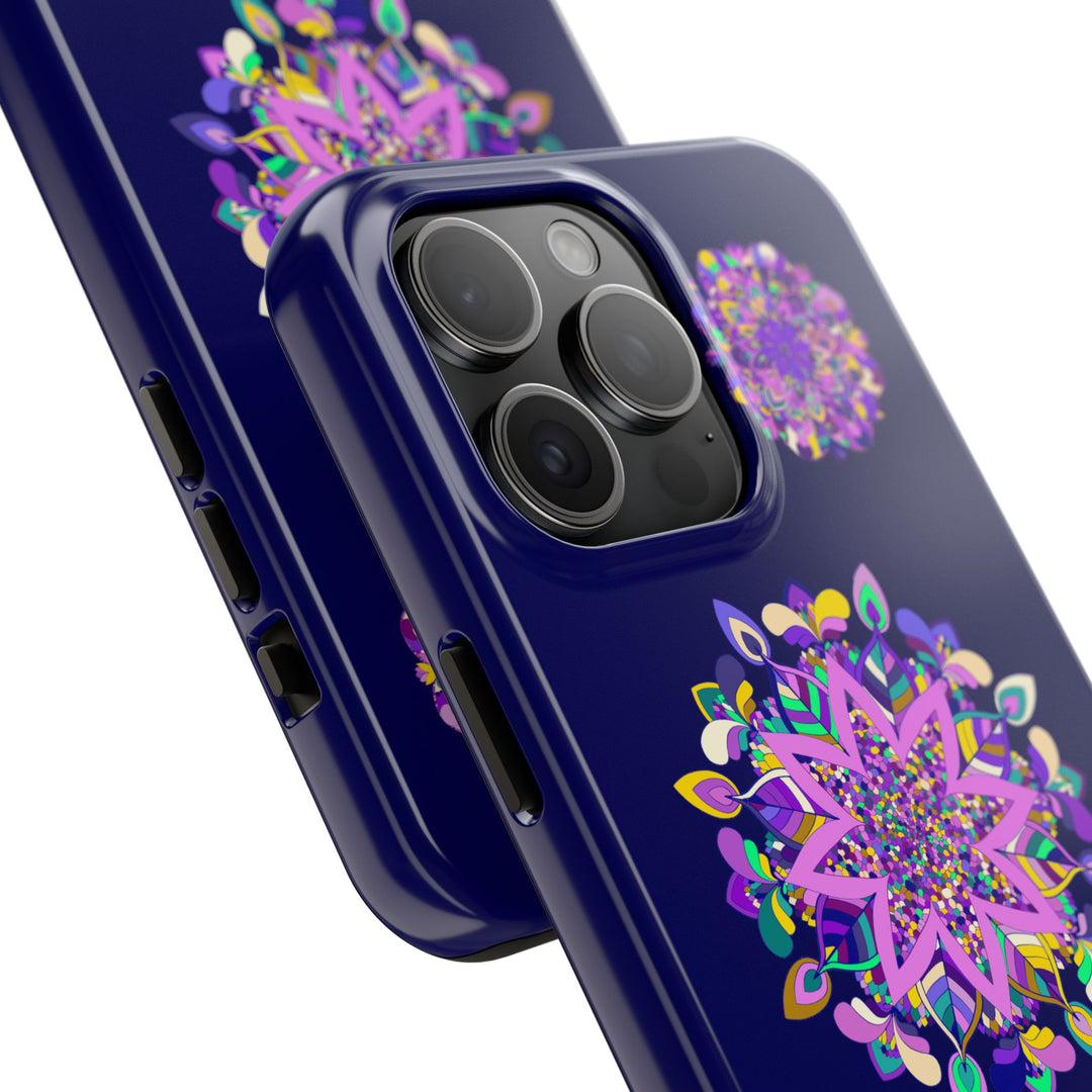 A close-up photo of a hand drawn mandala art phone case in purple shades, showcasing its durable and shock absorbent qualities