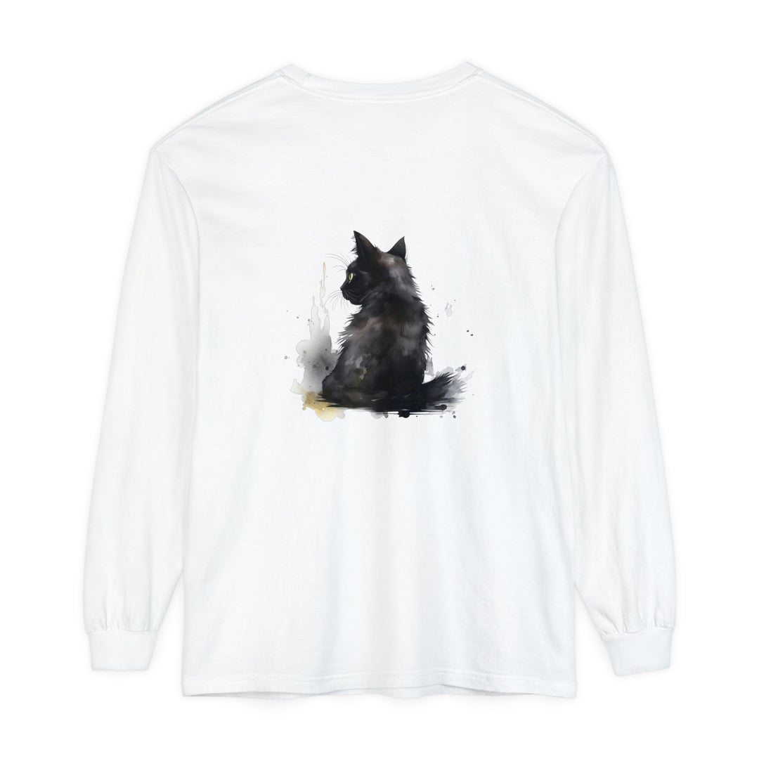 Black Cat Watercolor Dream Long Sleeve T-Shirt featuring a stunning watercolor cat design on a black background, perfect for cat lovers and fans of unique, artistic clothing