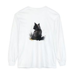 Black Cat Watercolor Dream Long Sleeve T-Shirt featuring a stunning watercolor cat design on a black background, perfect for cat lovers and fans of unique, artistic clothing