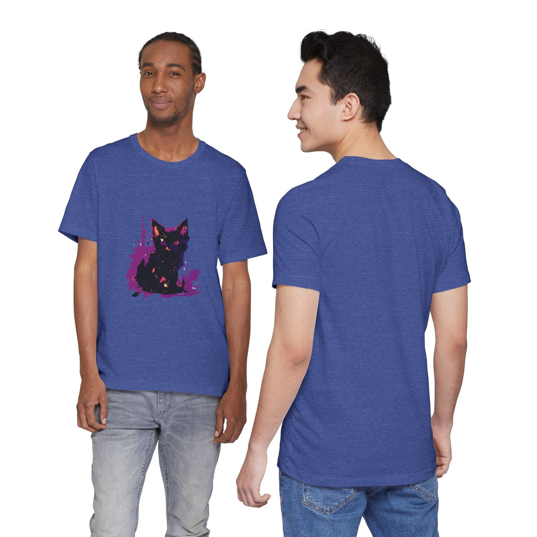 Schwarzes Katzenrätsel – Lila Farbspritzer-T-Shirt