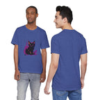Schwarzes Katzenrätsel – Lila Farbspritzer-T-Shirt