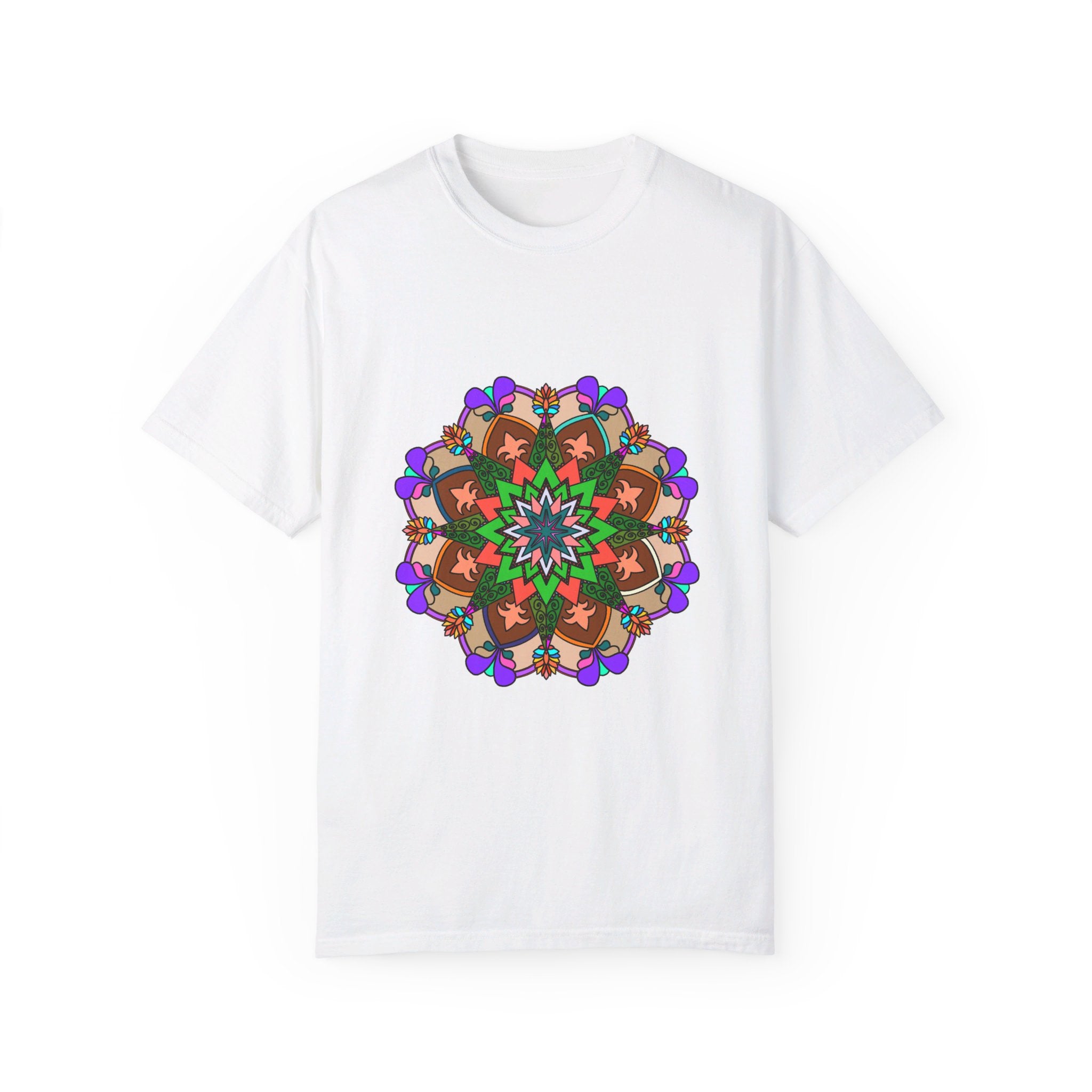 Unisex Mandala T-Shirt featuring hand-drawn mandala art on 100% ring-spun cotton, garment-dyed for extra comfort