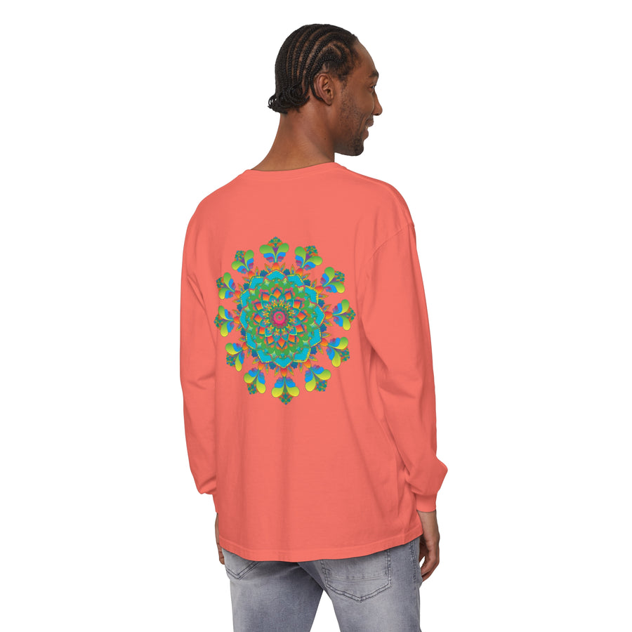 Colorful and vibrant long sleeve tie dye t-shirt with mandala design