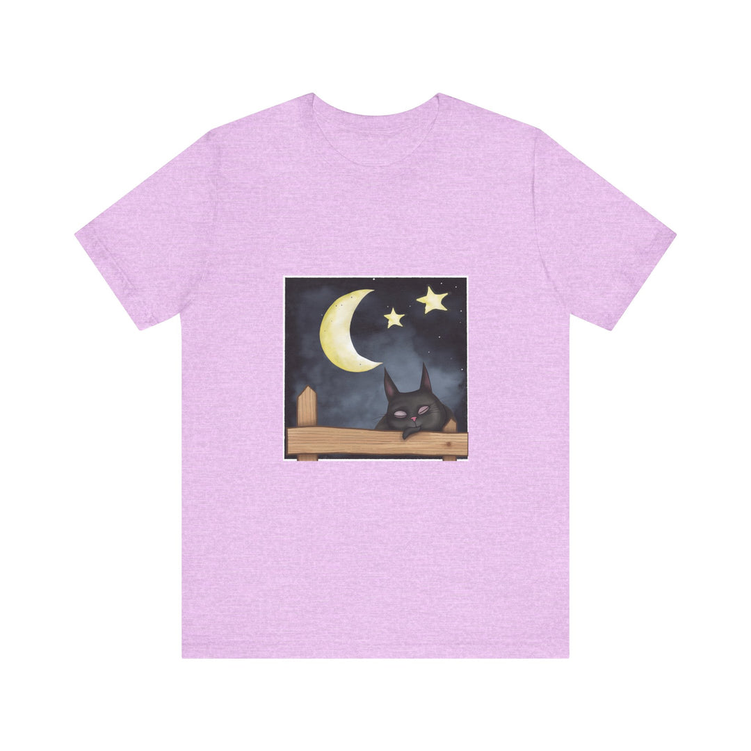 A cozy Sleepy Cat Moonlit Night T-Shirt featuring a peaceful feline under the moonlight