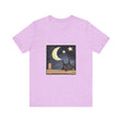 A cozy Sleepy Cat Moonlit Night T-Shirt featuring a peaceful feline under the moonlight