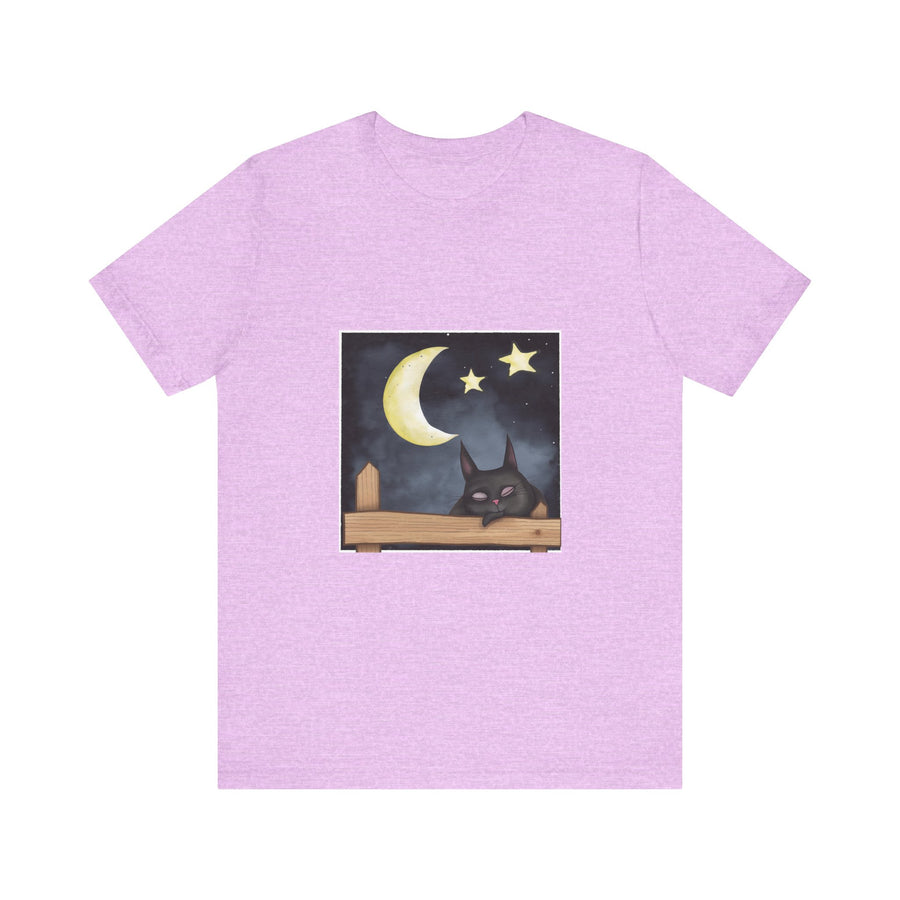 A cozy Sleepy Cat Moonlit Night T-Shirt featuring a peaceful feline under the moonlight