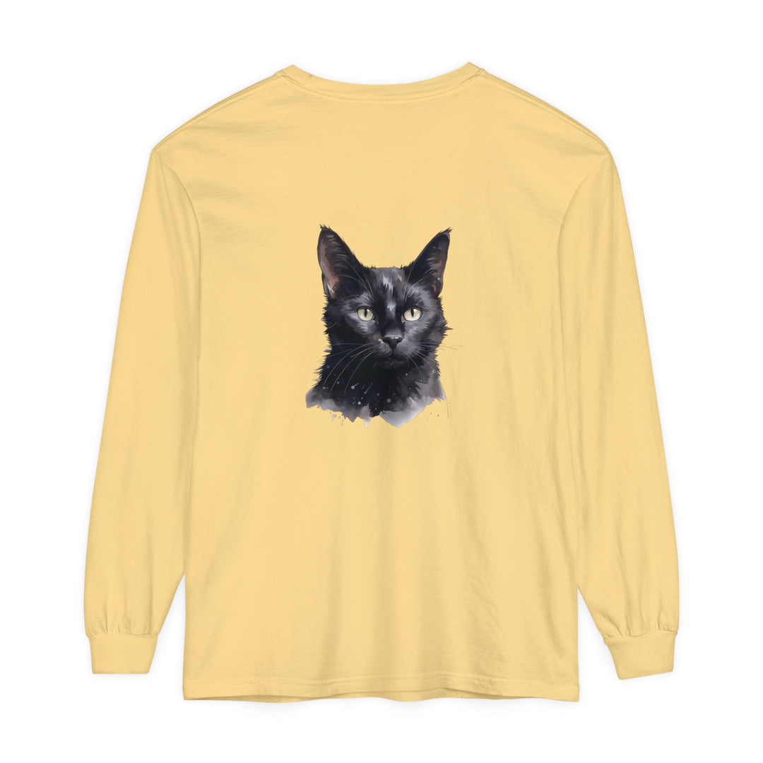 Black Cat Watercolor Unisex Long Sleeve T-Shirt - Comfortable and stylish apparel featuring a beautiful watercolor design of a black cat on a high-quality, long-sleeve unisex t-shirt