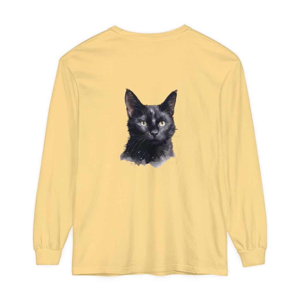 Black Cat Watercolor Unisex Long Sleeve T-Shirt - Comfortable and stylish apparel featuring a beautiful watercolor design of a black cat on a high-quality, long-sleeve unisex t-shirt