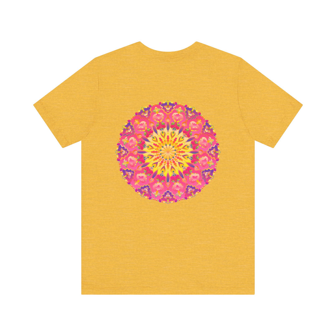 Vibrant pink and yellow mandala design T-shirt representing peace and harmony