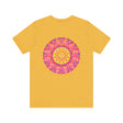 Vibrant pink and yellow mandala design T-shirt representing peace and harmony