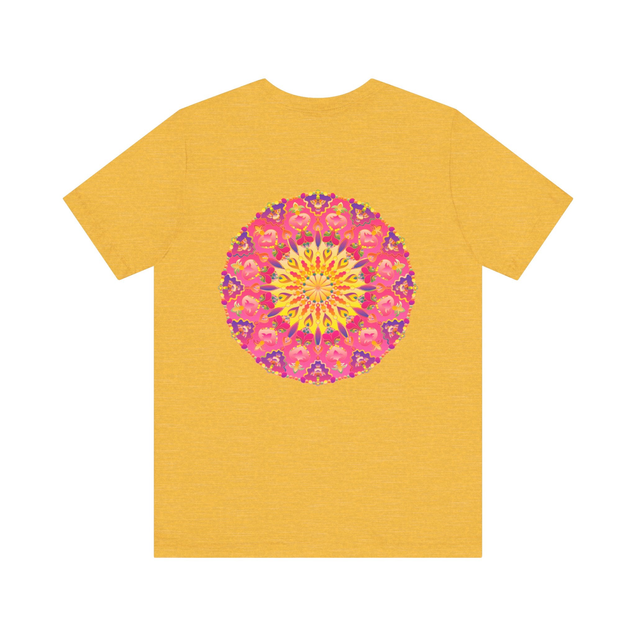 Vibrant pink and yellow mandala design T-shirt representing peace and harmony