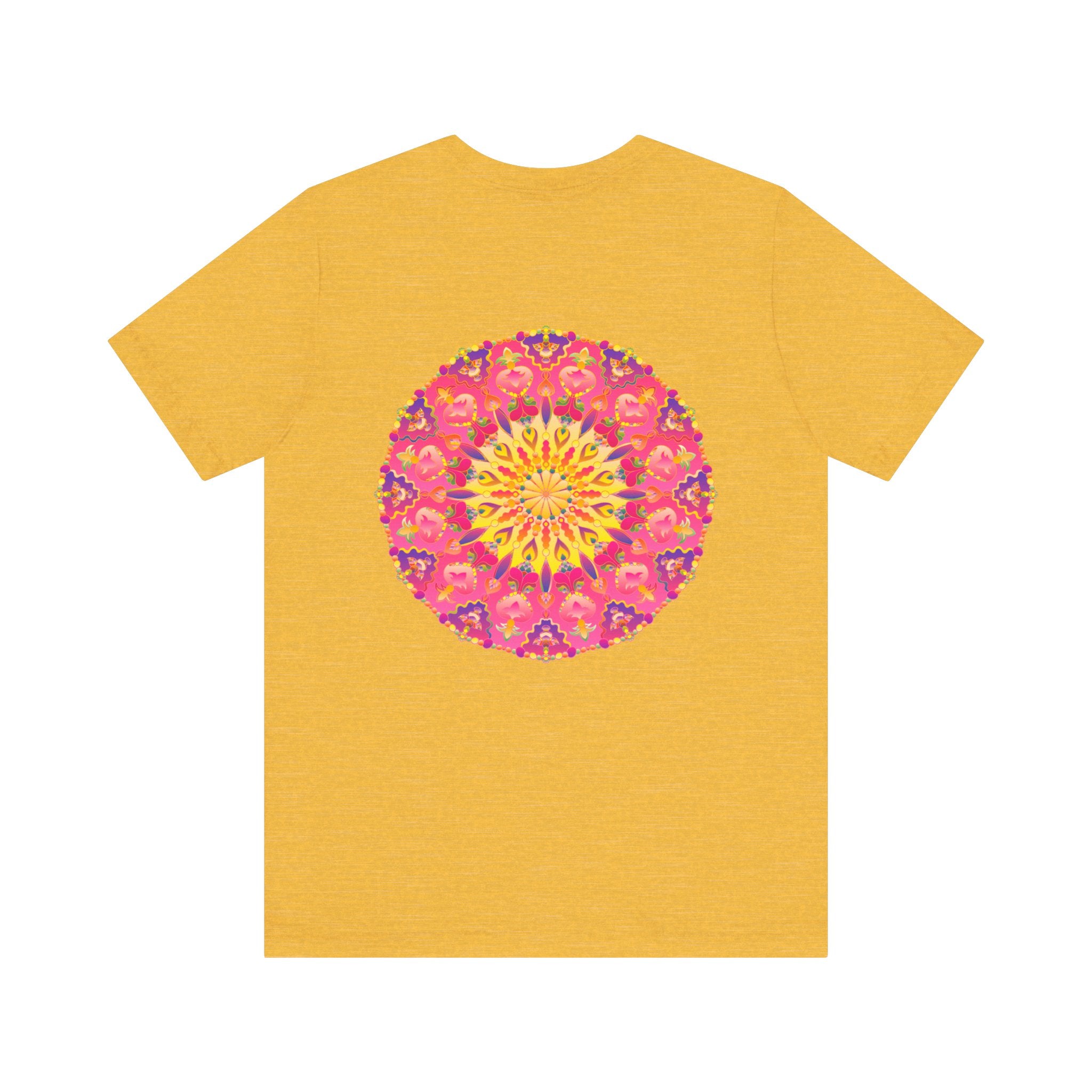 Vibrant pink and yellow mandala design T-shirt representing peace and harmony
