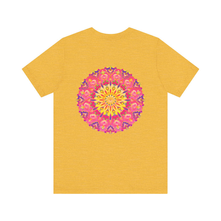 Vibrant pink and yellow mandala design T-shirt representing peace and harmony