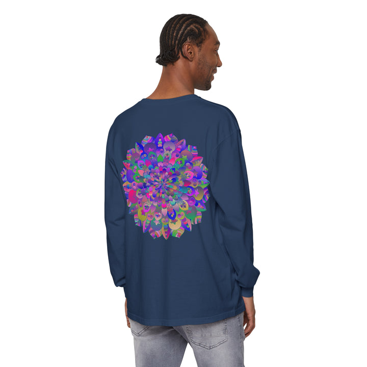 Colorful and intricate mandala design on a long sleeve t-shirt