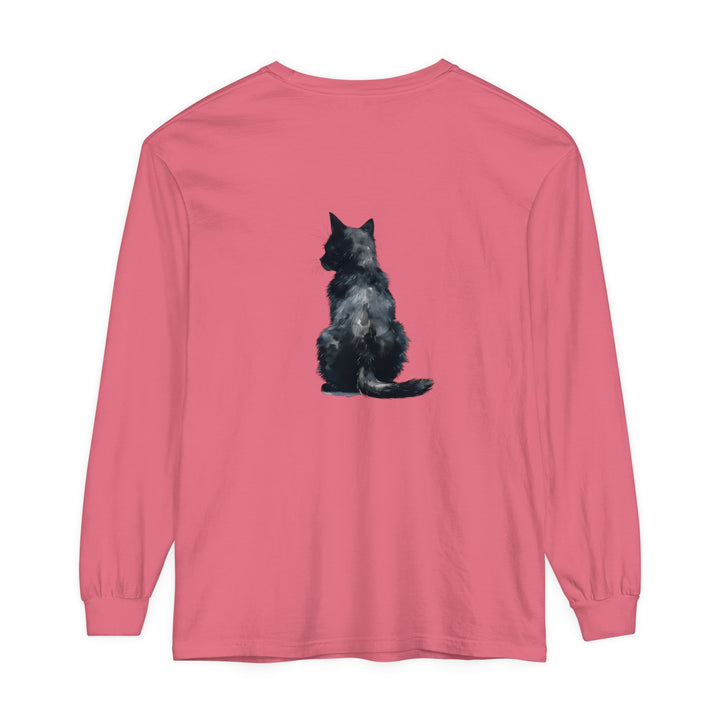 Black Cat Watercolor Long Sleeve T-Shirt with Vibrant Feline Design and Comfortable Fit for Casual Wear or Artistic Activities