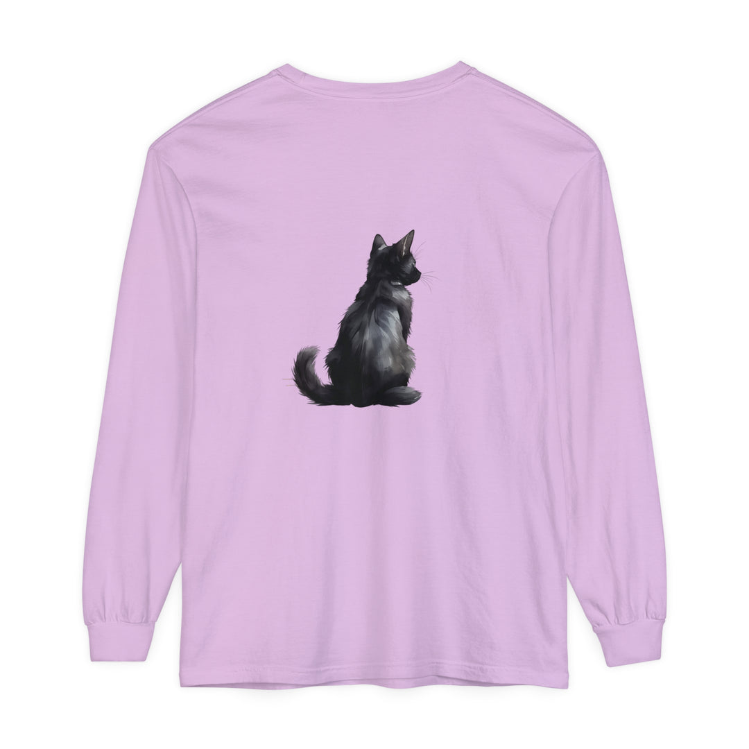 Unisex long sleeve tee featuring the Black Cat Mystery design in black and white