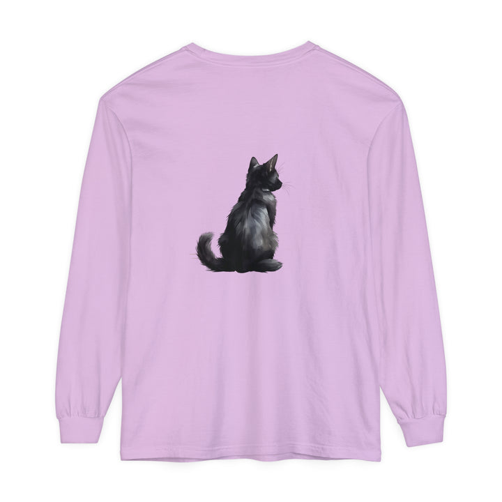 Unisex long sleeve tee featuring the Black Cat Mystery design in black and white