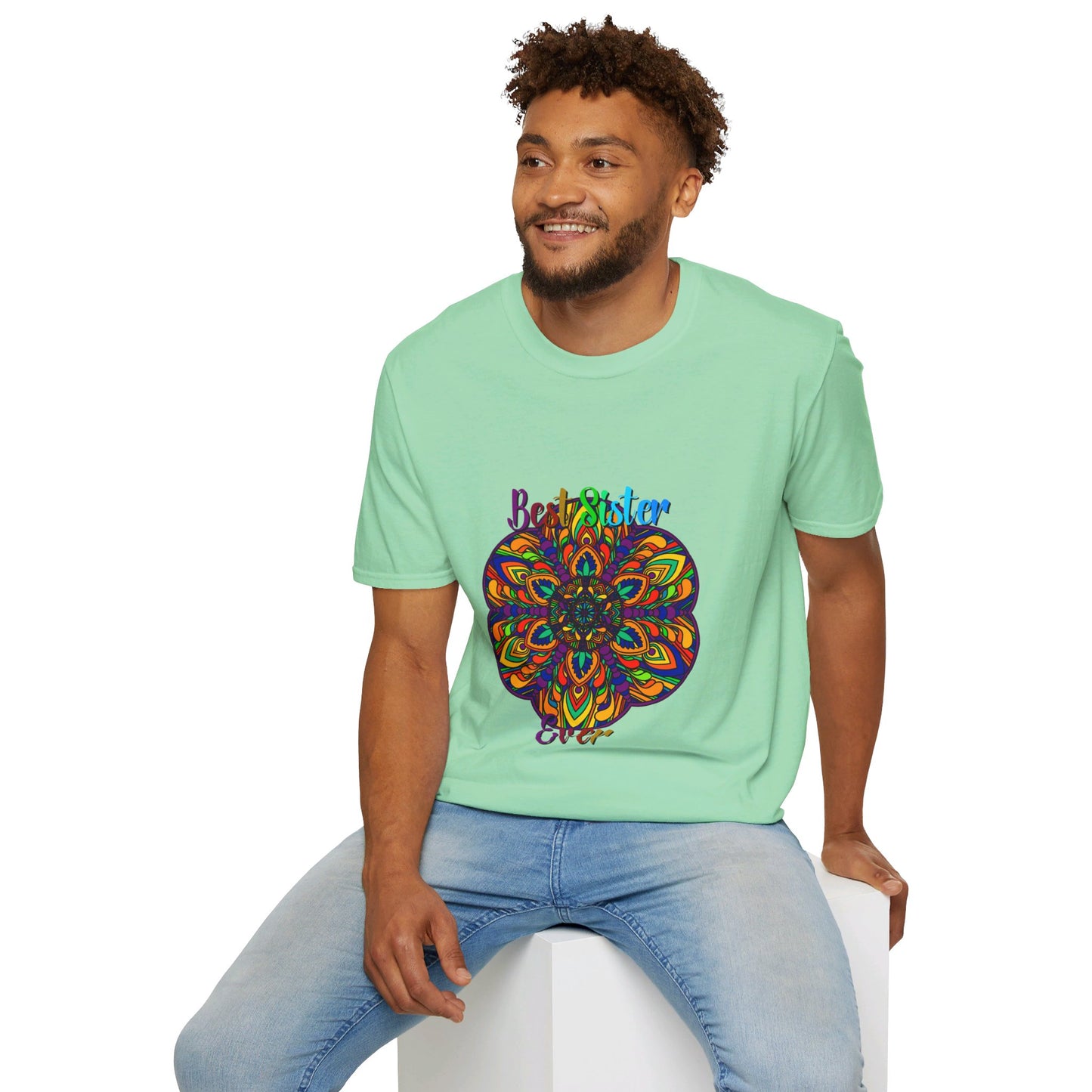 Colorful and intricate mandala art design on softstyle unisex t-shirt, perfect gift for a sister, hand-drawn and unique