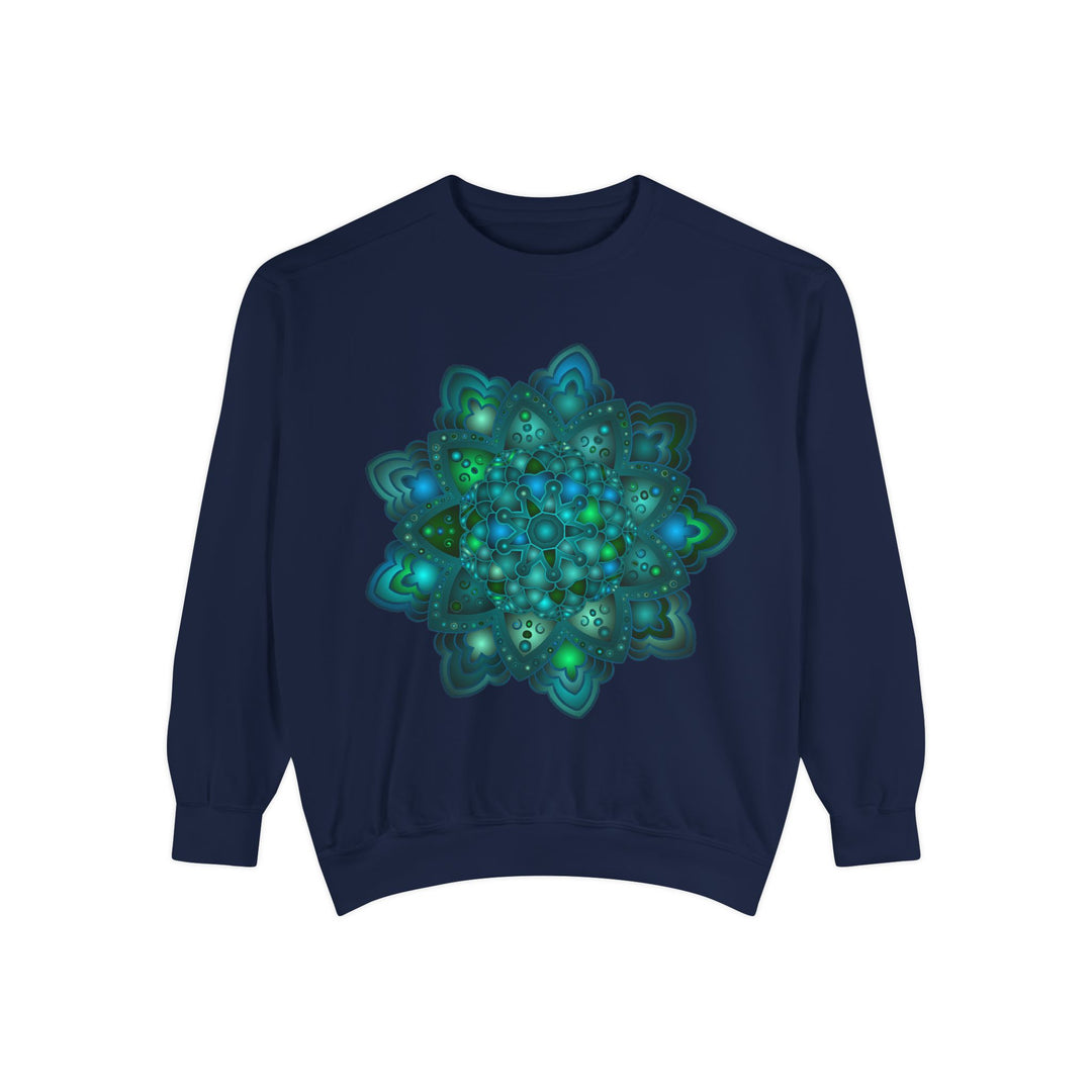 Intricate blue and green mandala design sweatshirt with vibrant colors and intricate patterns perfect for casual and comfortable wear