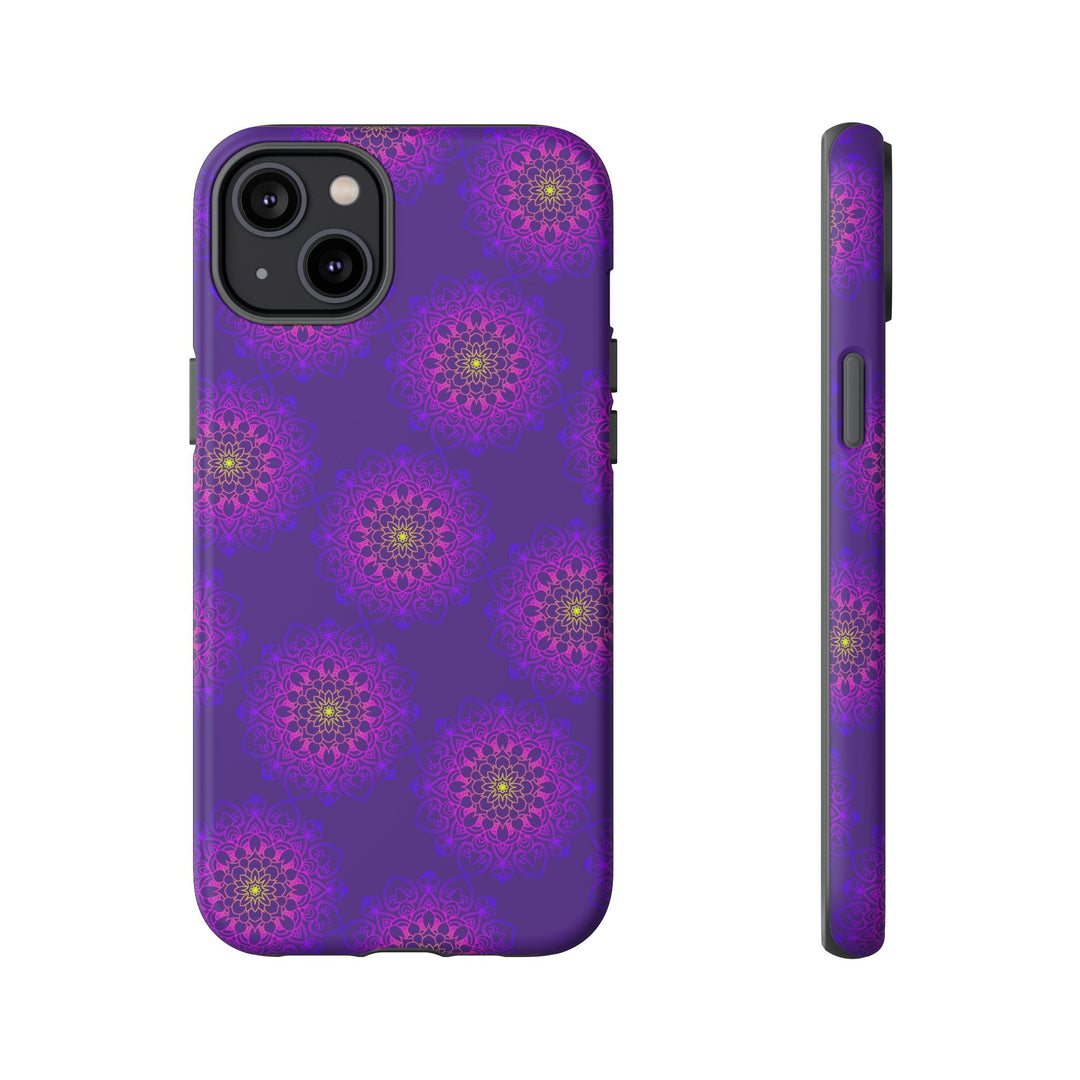Intricate Purple Floral iPhone Case with Bold Mandala Design