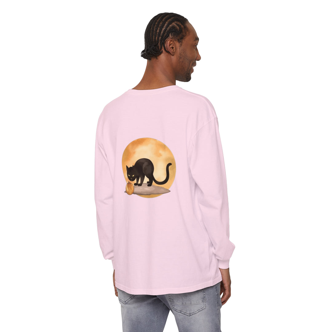 A spooky black cat sitting on a rooftop with a full moon in the background, featured on a stylish Halloween-themed t-shirt