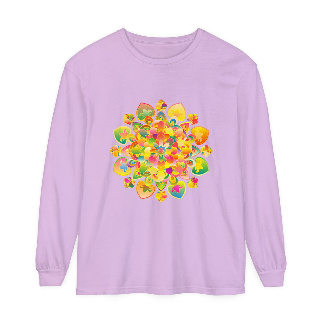 Colorful and intricate psychedelic mandala design on a long sleeve t-shirt