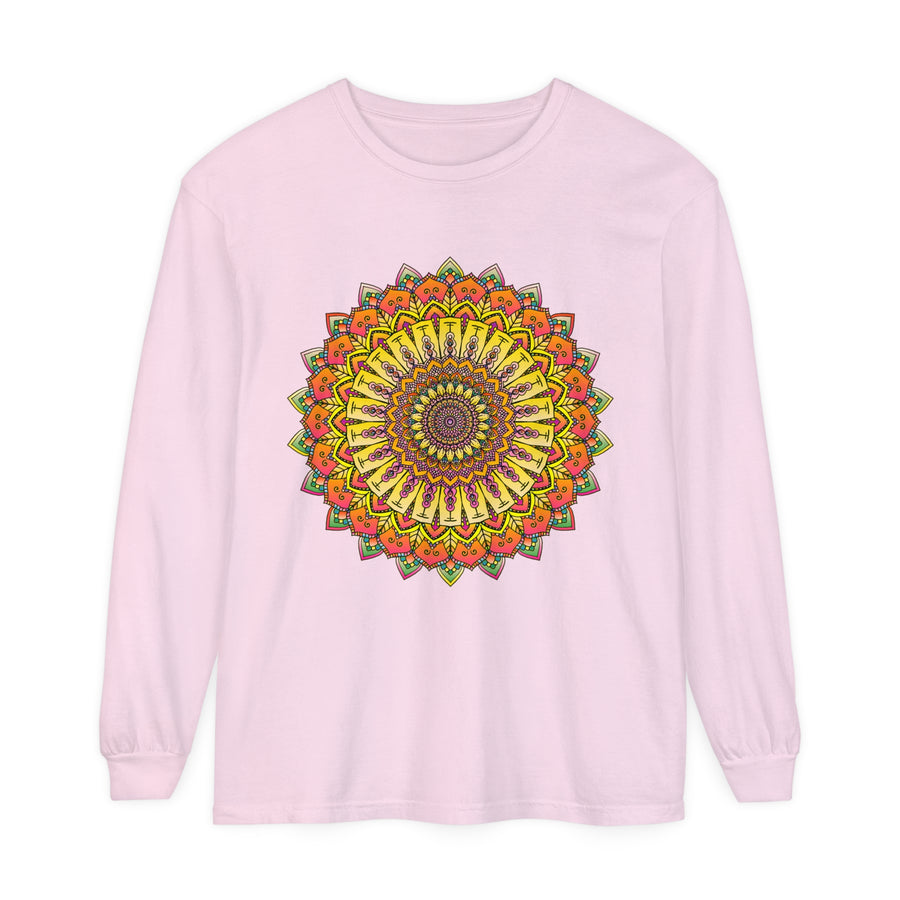 Intricate mandala design featured on a unisex long sleeve t-shirt