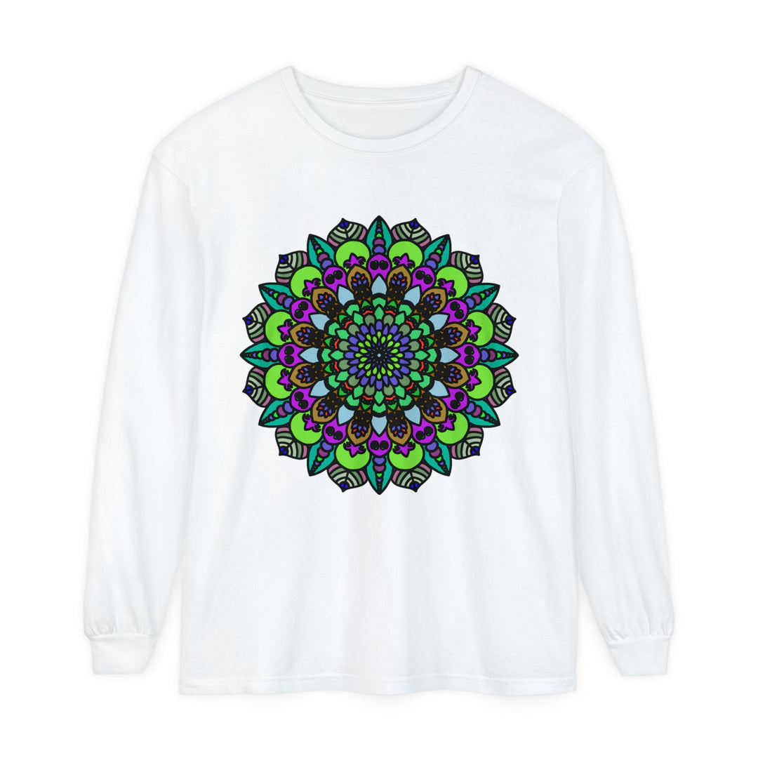 Colorful and intricate psychedelic mandala design on a unisex long sleeve t-shirt