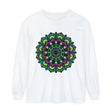 Colorful and intricate psychedelic mandala design on a unisex long sleeve t-shirt