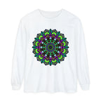 Colorful and intricate psychedelic mandala design on a unisex long sleeve t-shirt