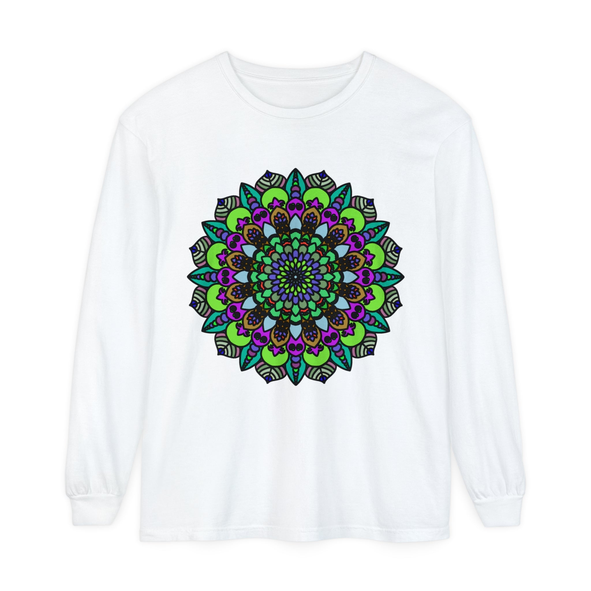 Colorful and intricate psychedelic mandala design on a unisex long sleeve t-shirt