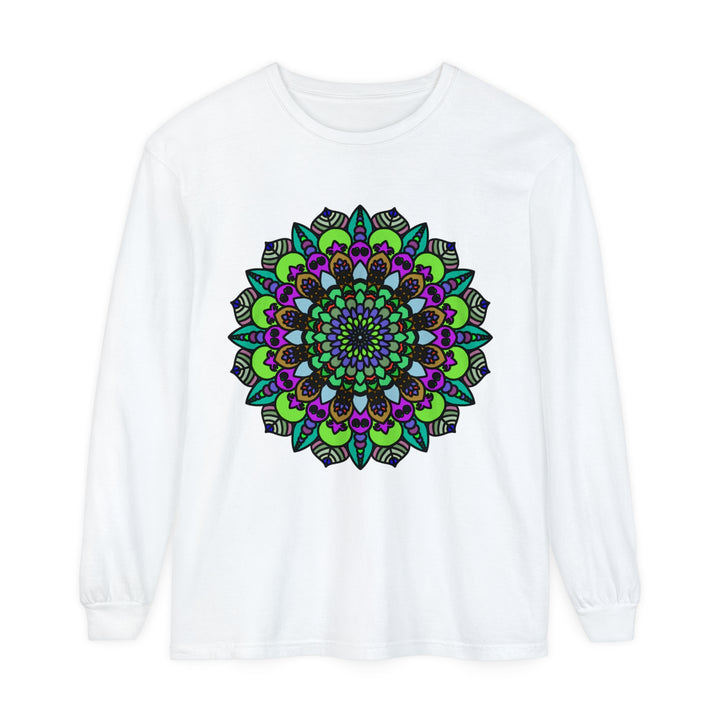 Colorful and intricate psychedelic mandala design on a unisex long sleeve t-shirt