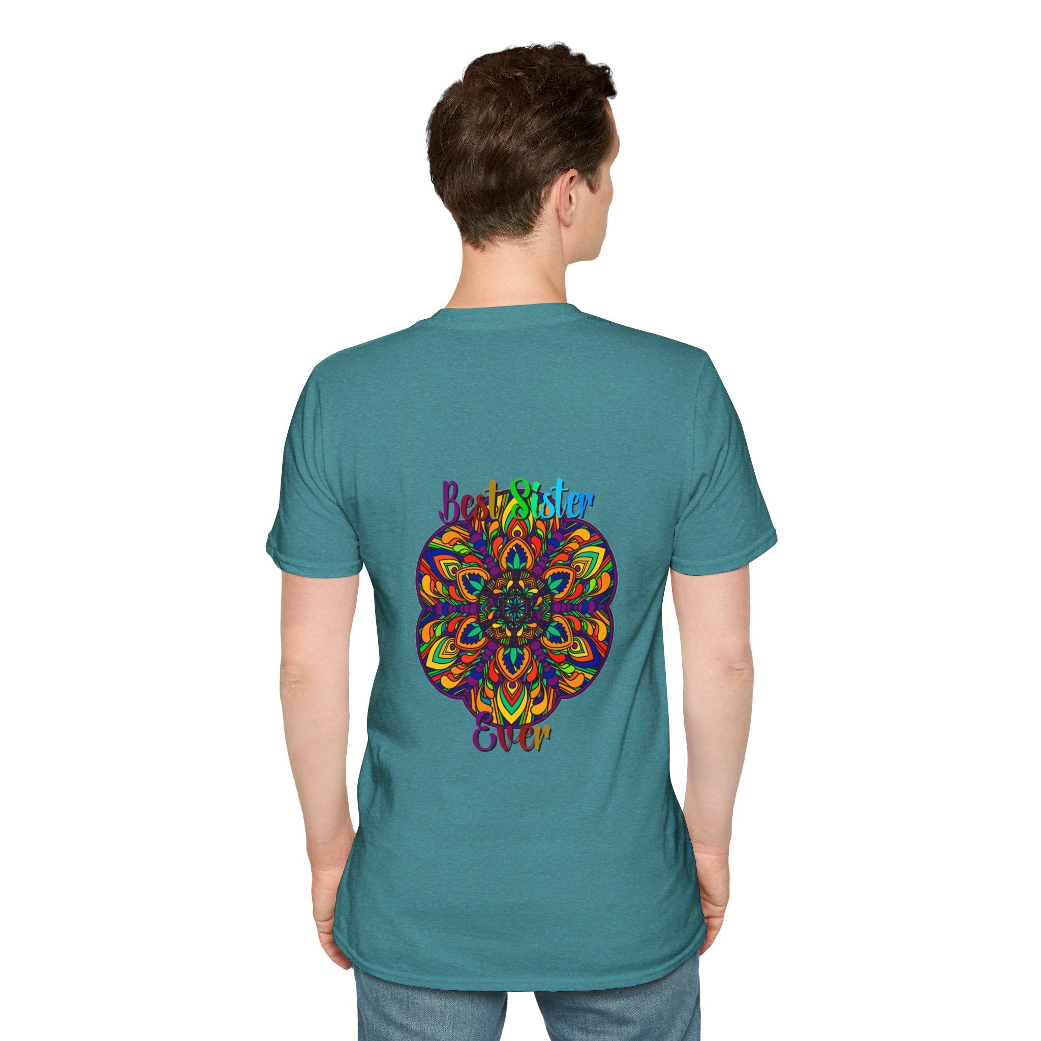 A softstyle unisex t-shirt with a hand-drawn mandala art design, perfect as a gift for a sister